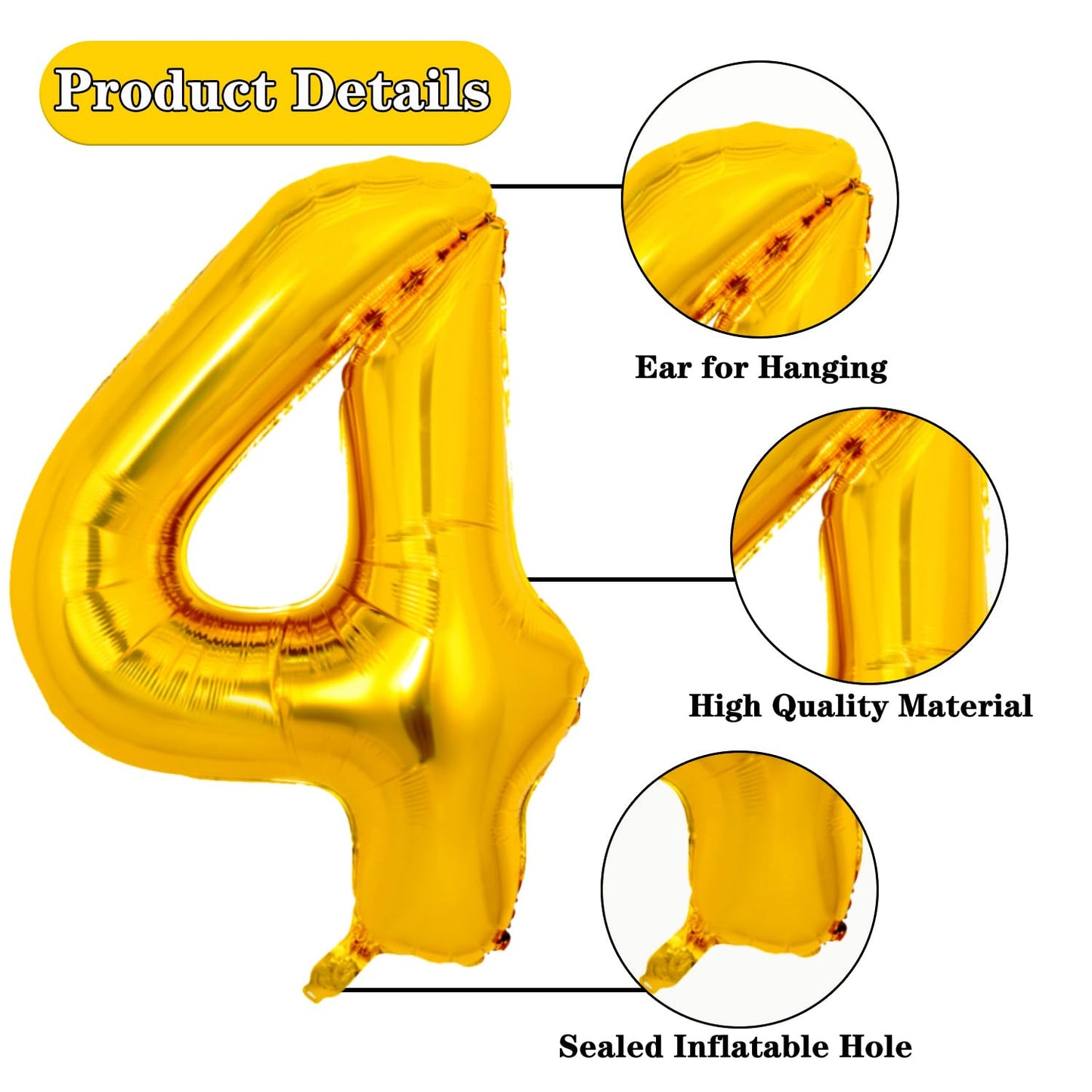 Pigetale 40 Inch Gold Large Numbers Balloons 0-9 Giant Jumbo Number 4 Digit 4 Helium Balloons, Big Foil Mylar Number Balloons Fo