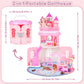 deAO Portable Doll House Playset Castle with 2 Doll Toy Figures  Living Room  Bedroom  Balcony & Accessories for 3 to 7 Year Olds Kids (Pink)