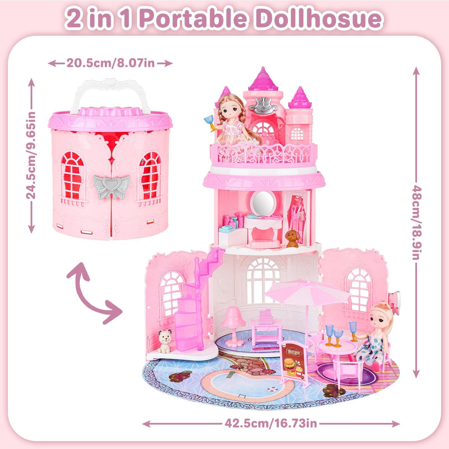 deAO Portable Doll House Playset Castle with 2 Doll Toy Figures  Living Room  Bedroom  Balcony & Accessories for 3 to 7 Year Olds Kids (Pink)
