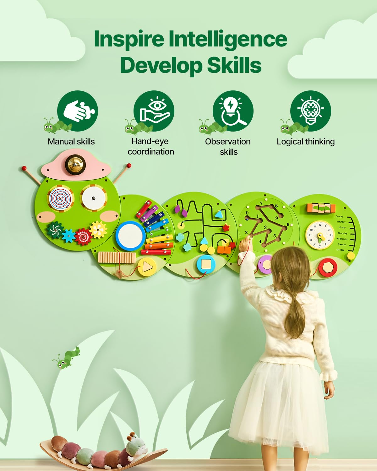 VEVOR Caterpillar Activity Wall Busy Board Wall, 12 Wall Activities Board, Montessori Sensory Wall Panel for Kids 3-12 Years, Se