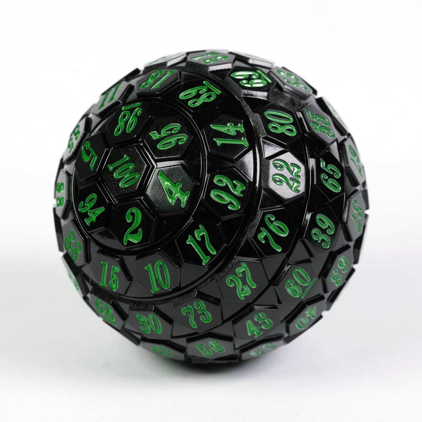 Poludie 100 Sided Polyhedral Dice, Single D100 Game Dice, 100 Sided Cube with Black Pouch, D100 die 48 mm (Black with Green Numb