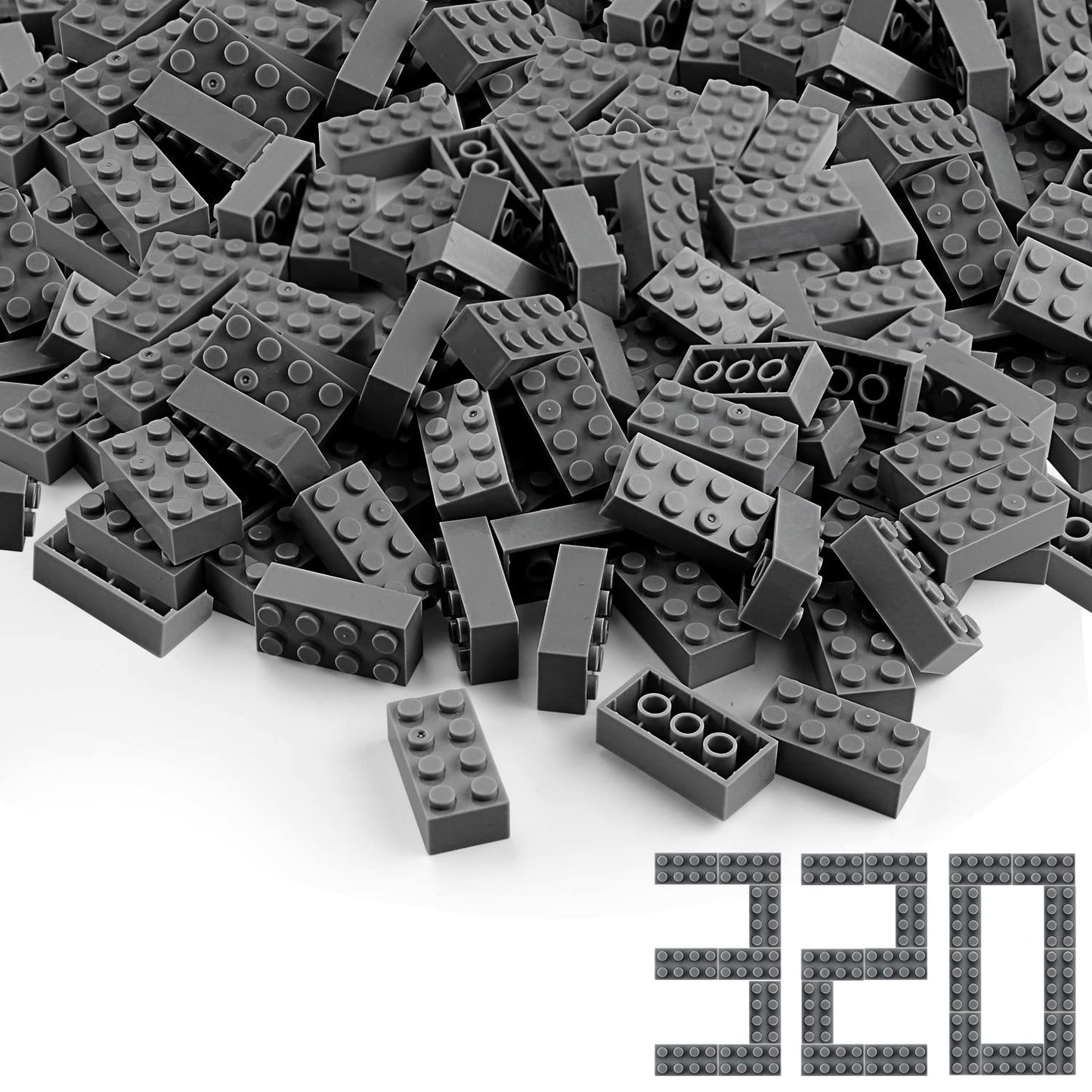 Feleph Dark Bluish Gray 2X4 Bricks 320 Pieces Grey Classic Building Blocks Creative Play Set Toy Accessories Compatible With Major Brick Brands (Gray Deep)