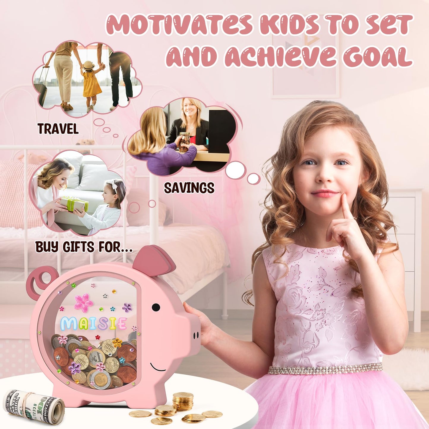 Summidate Pink Piggy Bank Girls, Unbreakable Wooden Piggy Bank For Kids, Cute Personalized Wood Money Bank With Diy Sticker, Creative Saving Money Box Birthday For Child
