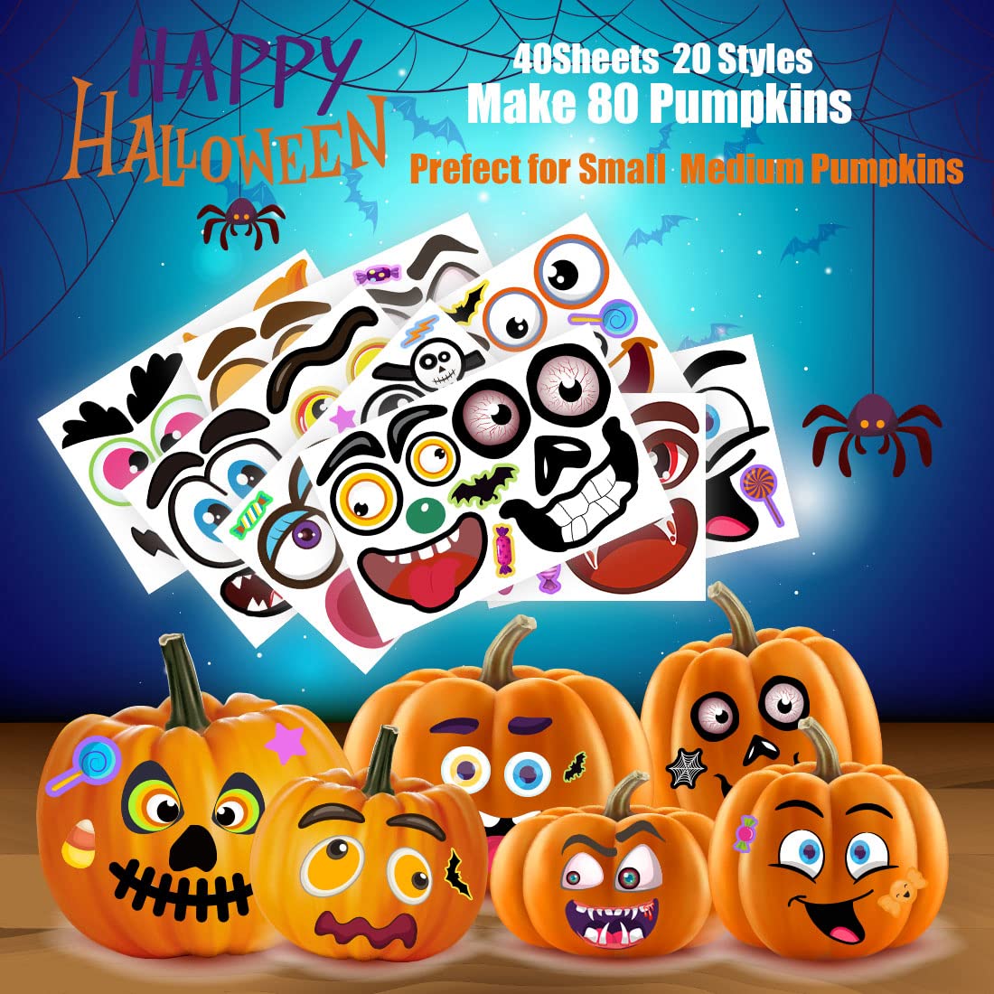 80 Packs Halloween Pumpkin Decorating Kit, Make Pumpkin Face Stickers In 20 Designs, Halloween Stickers For Kids Halloween Party