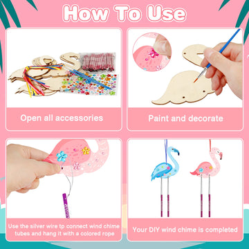 Fennoral 12 Pack Wind Chime Kit For Kids Make Your Own Flamingos Wind Chime Wooden Arts And Crafts For Girls Boys Ornaments Diy