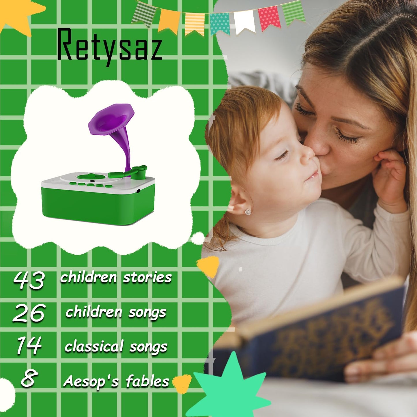 Retysaz Kids Phonograph With 96 Cards, Story Music Player Kids 3-6 Musical Sensory Toy Boy Girl,Toddler Audio Pre-Kindergarten T
