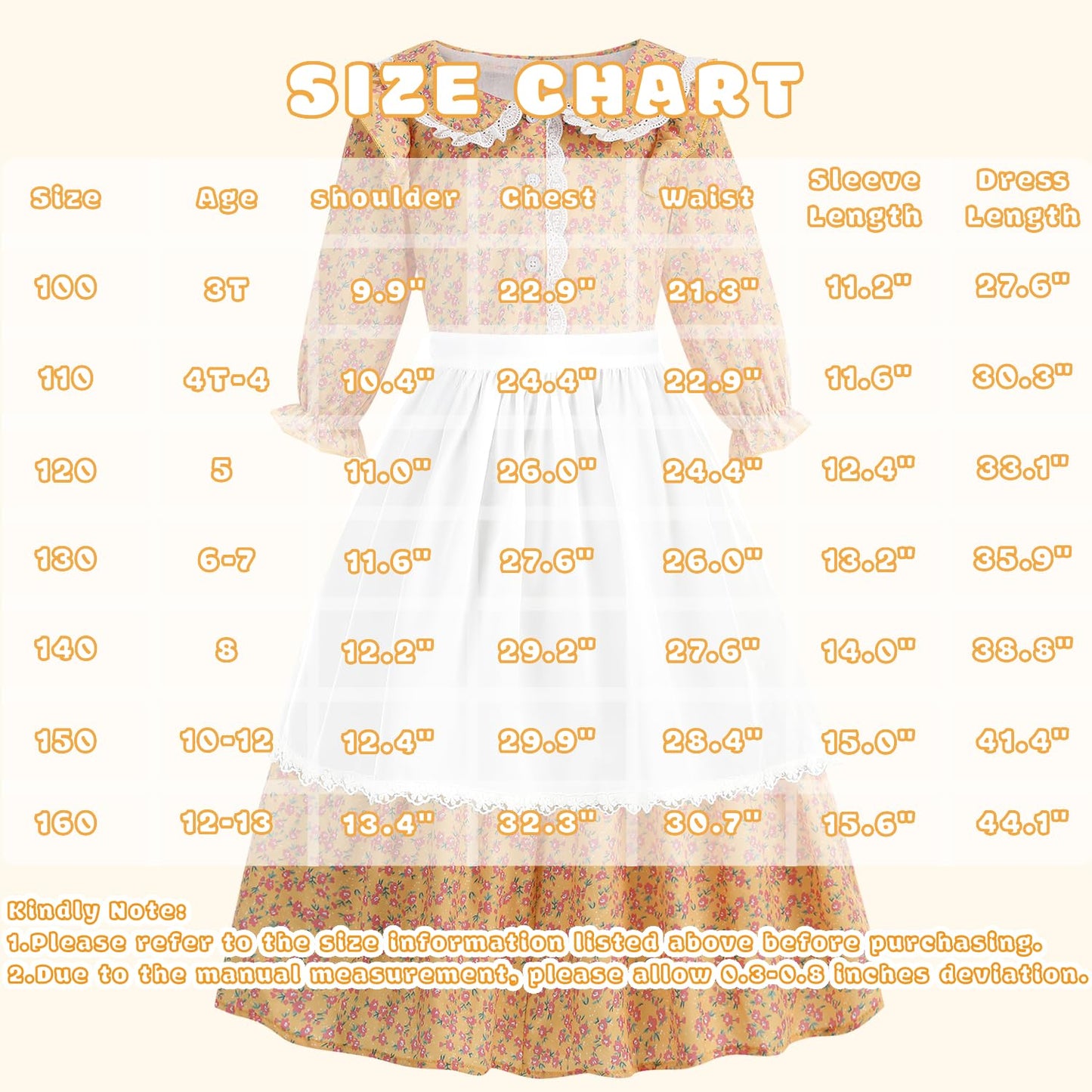 Aoiviss Girls Pioneer Costume Floral Colonial Prairie Dress for Little Kids with Apron and Bonnet, Yellow