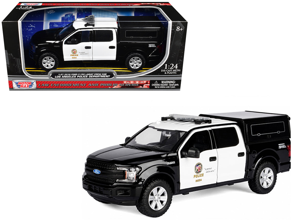 2019 Ford F-150 Lariat Crew Cab Pickup Truck with Camper inchLos Angeles Police Departmentinch Black and White inchLaw Enforcement and Public Serviceinch Series 1/24-1/27 Diecast Model Car by Motormax