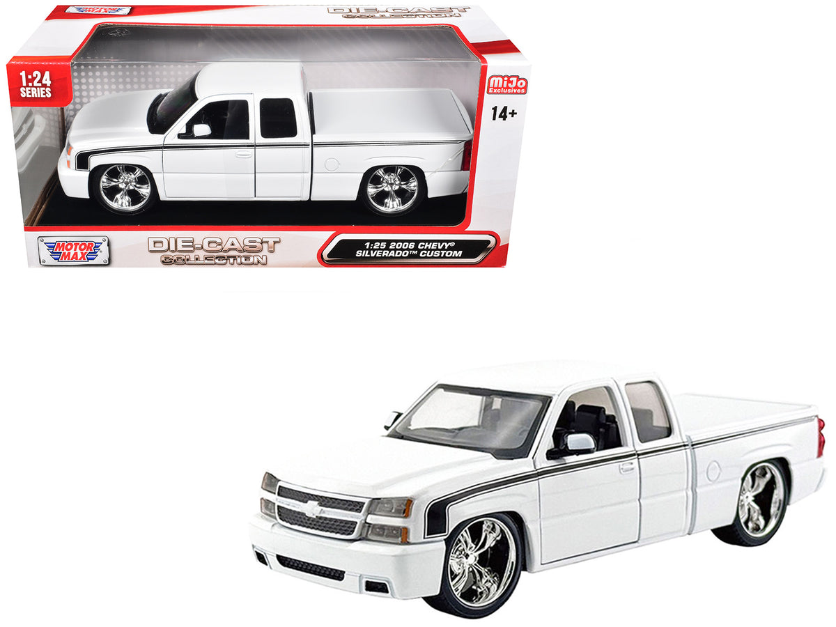 2006 Chevrolet Silverado Custom Pickup Truck White with Black Stripes inchDie-Cast Collectioninch Series 1/25 Diecast Model Car by Motormax