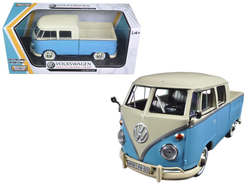 Volkswagen Type 2 (T1) Double Cab Pickup Truck Blue/Cream 1/24 Diecast Model Car by Motormax
