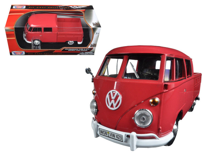 Volkswagen Type 2 (T1) Double Cab Pickup Truck White and Green 1/24 Diecast Model Car by Motormax