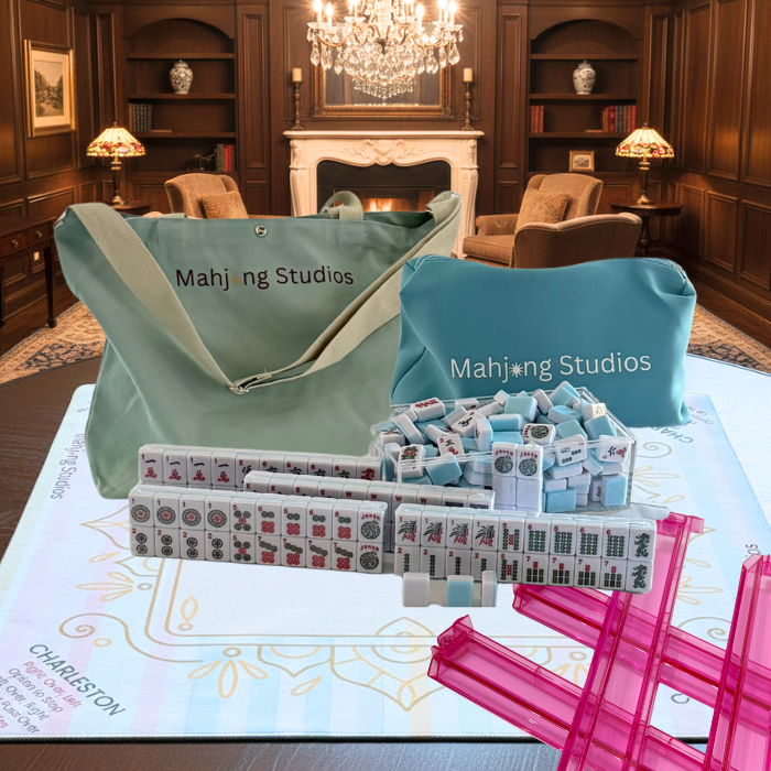 American Mahjong Set 166 Tiles Bundle - Green Bag Pastel Mat 2-color blue tiles