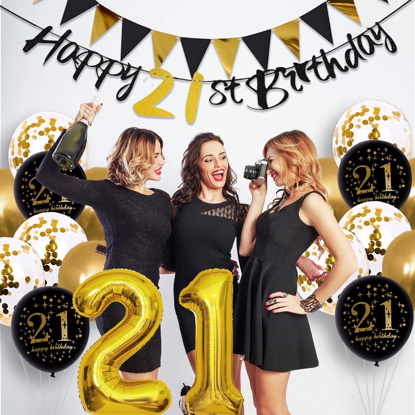 Jobkoo 21St Birthday Decorations Him Her, Black Gold 21 Birthday Party Decor Golden Black 21St Birthday Balloons 21 Cake Topper