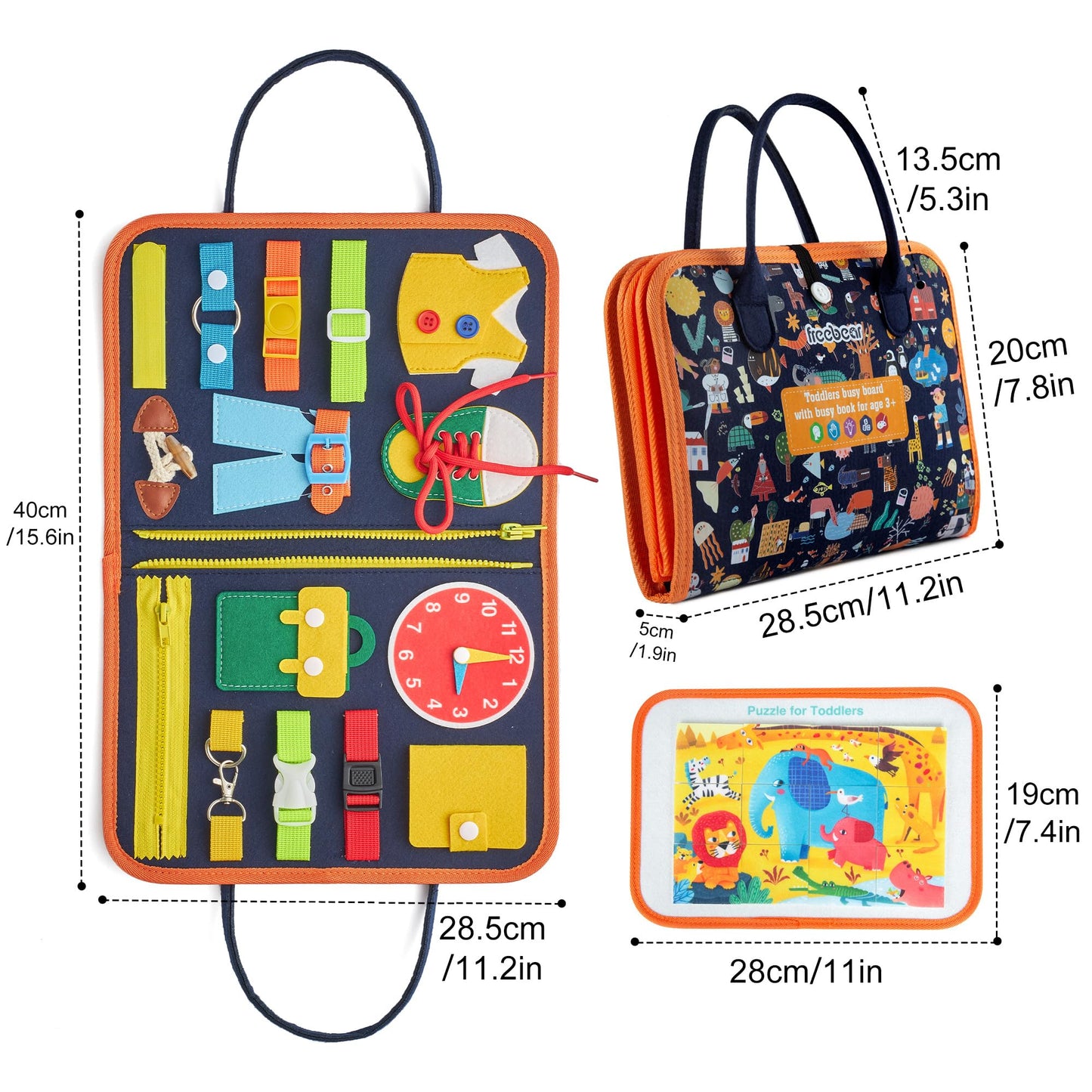 Freebear Busy Board, Toddler Travel Toys, Sensory Toys For Toddlers 2 3 4, Montessori Learning Toys For Toddlers Activities Board, Educational Toys For 2 3 Year Old Boys Girls Gift, Dark Blue Medium