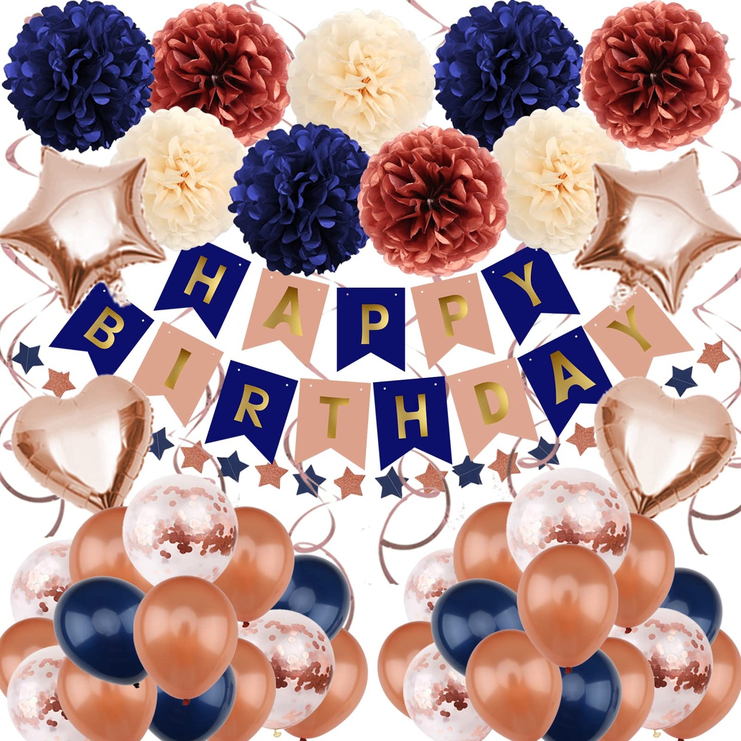 Zerodeco Birthday Decorations For Women, Navy Blue Rose Gold Birthday Party Decorations Happy Birthday Banner Paper Pompoms Ball