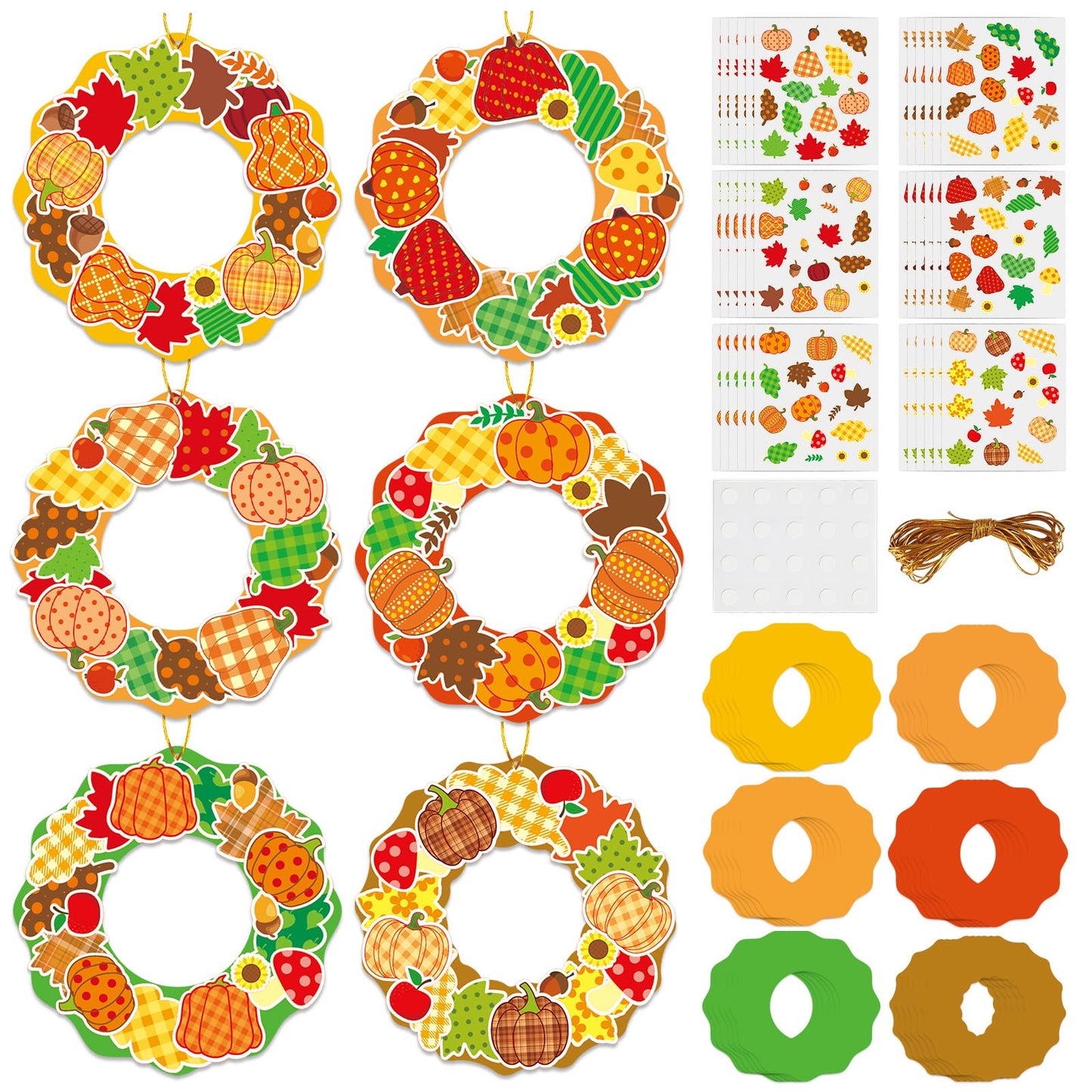 36 Sets Fall Maple Leaves Pumpkin Wreath Craft Kits Autumn Checkered Polka Dot DIY Wreath Hanging Ornaments Thanksgiving Paper A