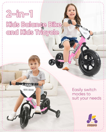 KRIDDO 2-in-1 Kids Tricycle and Toddler Balance Bike 2 Year Old, Detachable Pedals and Stowable Training Wheels, DIY Plate, Ridi
