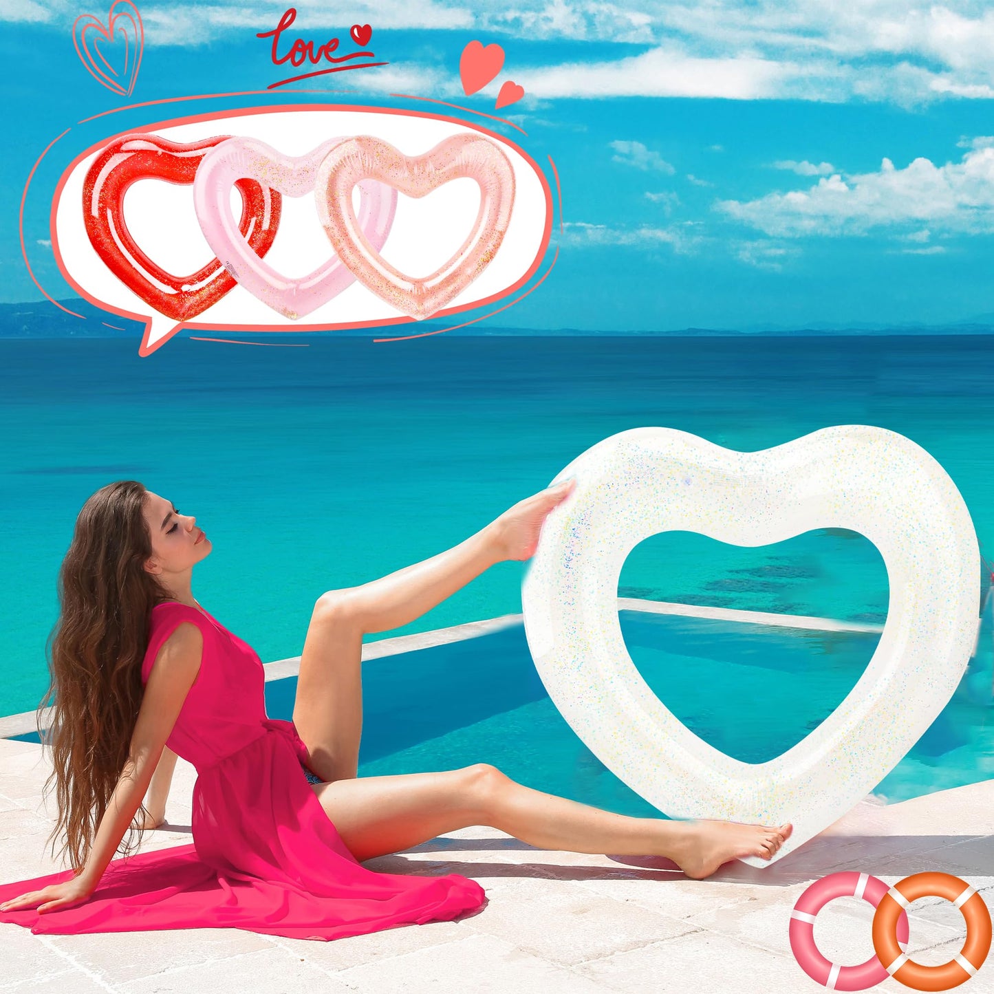 Sonarun 4 Pack Inflatable Swim Rings Float Heart Shaped Swimming Circle Pool Floats for Adults Pool Beach Party Supplies, 47.2 x