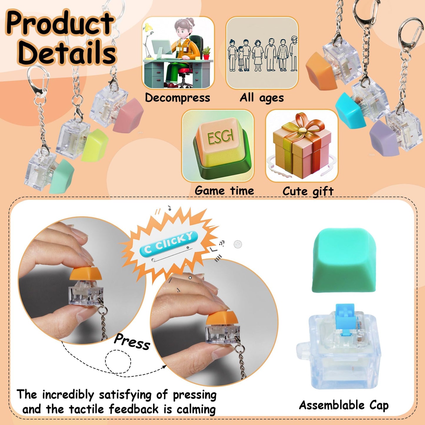 6 Pack Keyboard Fidget Toy  Keyboard Fidget Keychain Keyboard Decompression Button Finger Clicker Toys  Button Stress Relief Fidget Gifts for mature-themed to Relief Stress (Multicolor)