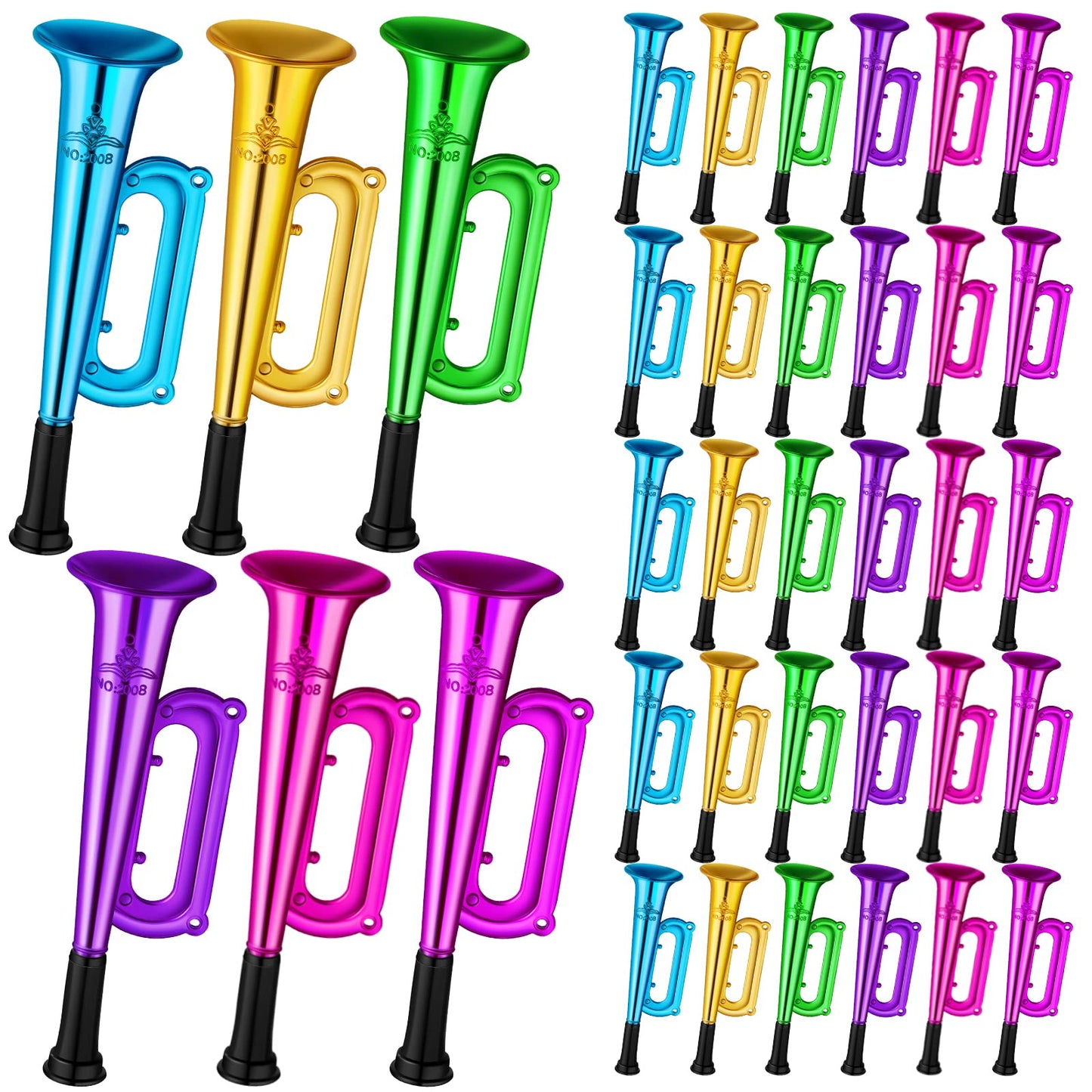 36 Pcs Plastic Trumpet Kids 6 Inch Noise Toys Play Metallic Trumpet Mini Shiny Blow Horn Noise Makers Toy Plastic Colors Musical