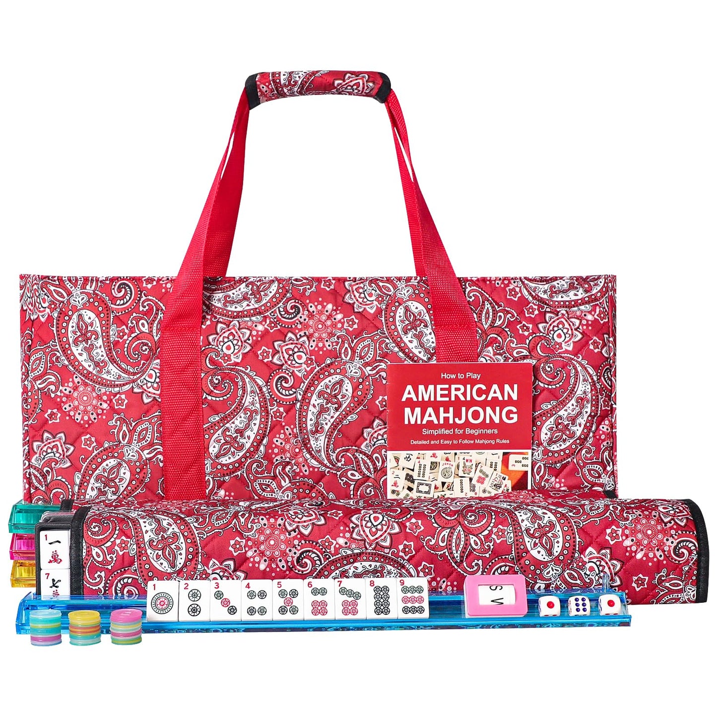 GUSTARIA American Mahjong Game Set with 166 Premium White Tiles, Melamine Racks, Red Carrying Bag - Model KRD-MAH-023