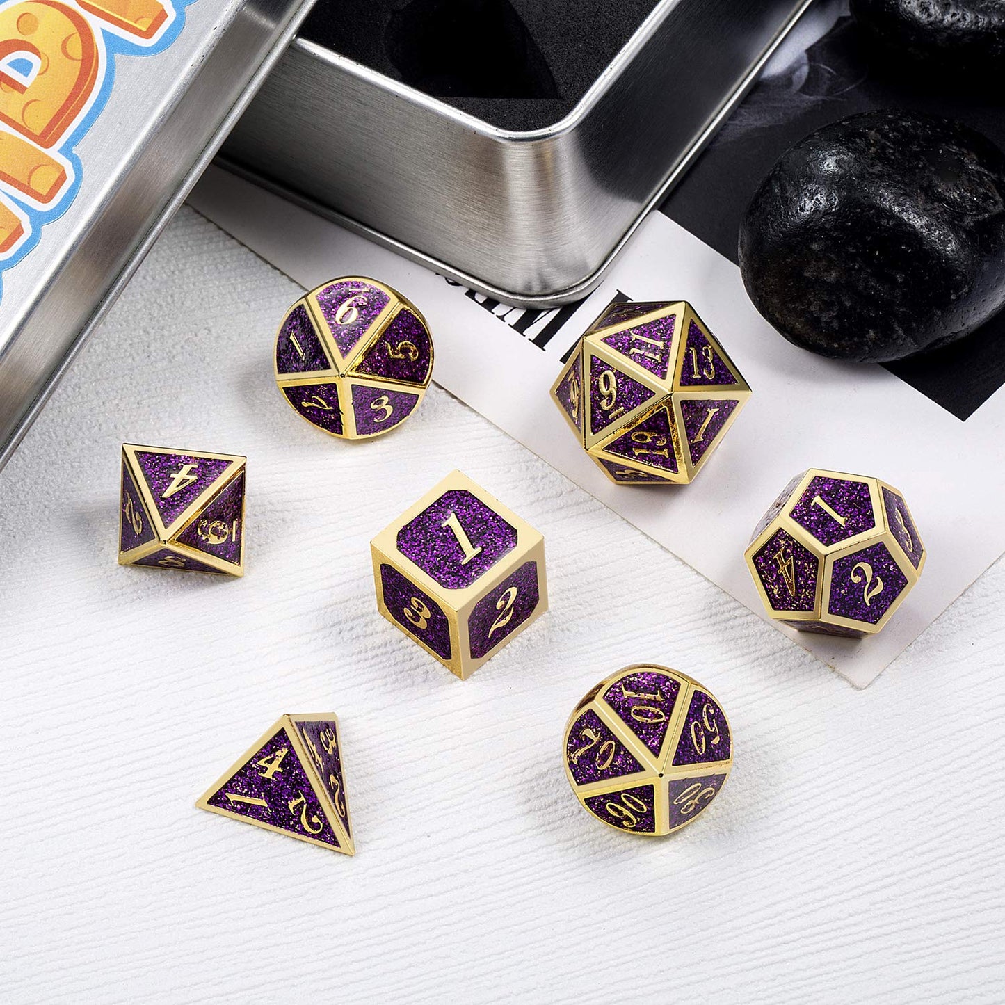 DNDND Glitter Purple Metal Dice Set, Solid Polyhedral DND Metallic Dice with Free Metal Case for Role Polying Game Dungeons and