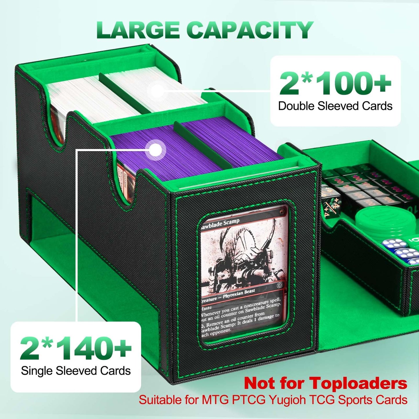 Uaono Card Deck Box For Mtg, Double Card Storage Box With 2 Commander Display & 1 Dice Tray, Fits 200+ Double Sleeved Cards, Card Organizer For Ccg Tcg Sports Cards (Black Green)