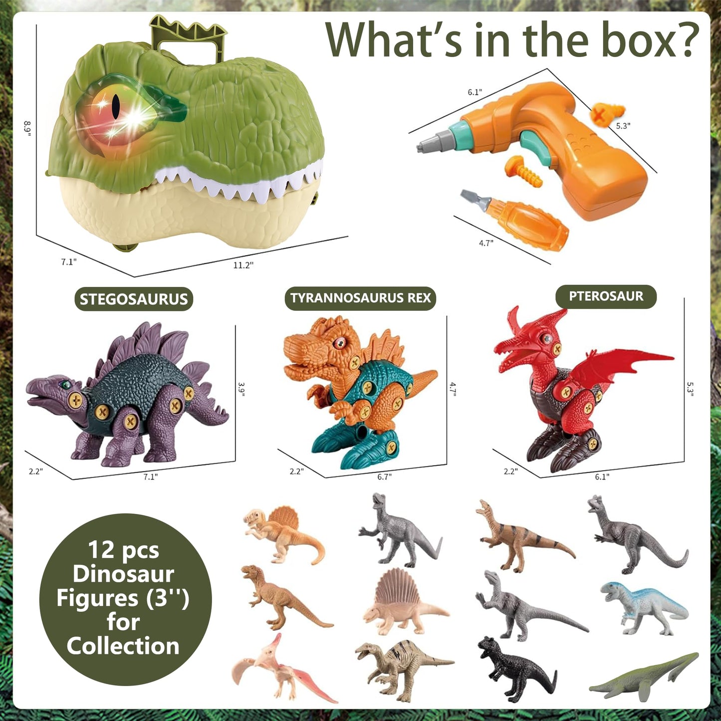 Diy Dinosaur Toys Gifts For Kids 3-5-7, 12 Realistic Dinosaurs Figures & 3 Sets Take Apart Stem Construction Building Toys With Electric Drill,Xmas Stocking Stuffer Toys For 3 4 5+ Year Old Boy Girl