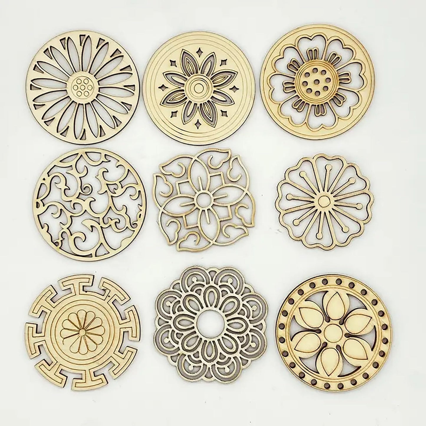 Cliths Pack Of 9 Wooden Flower Cutouts For Diy Crafts, Round Wood Slices For Scrapbooking, Home Decor, Wall Hanging, Ornament, H