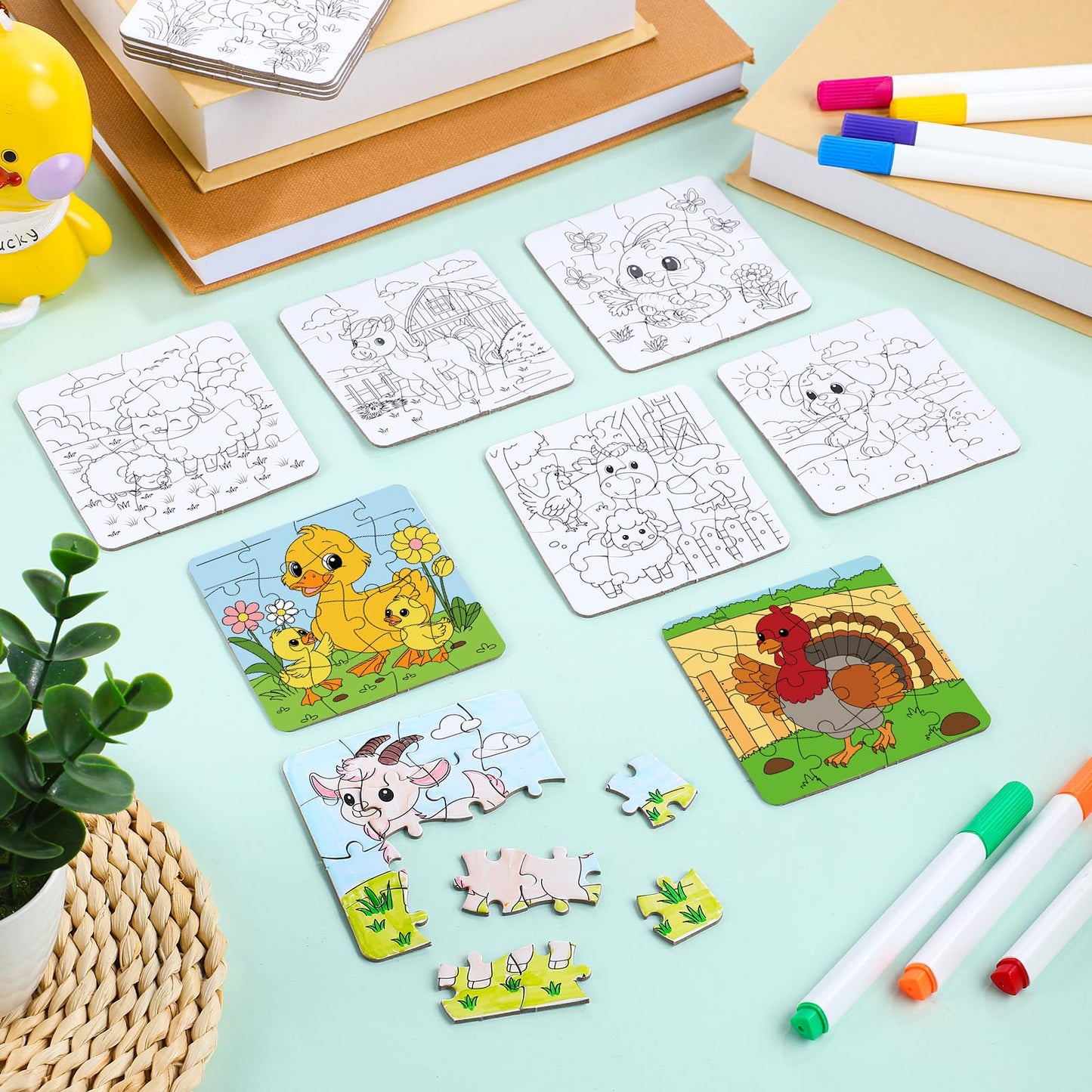 Realspring 24 Pack Farm Animal Jigsaw Puzzles for Kids, DIY Coloring Crafts, 3.94x3.94 inches, Paper, Model CHU-Realspring-2733