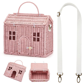 Wettarn Handmade Rattan Doll House Rattan House Shape Shoulder Bag Wicker Basket With Lid For Doll Toys Rattan Storage Basket Sm