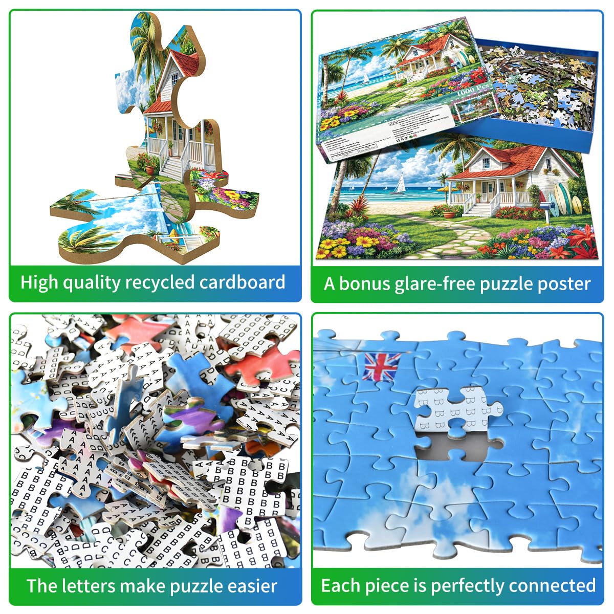 Jigsaw Puzzles for mature-themeds 1000 Piece Puzzle for mature-themeds 1000 Pieces Puzzle 1000 Pieces-Summer Beach Vacation -Surfing  Coconut Trees  Wooden Houses