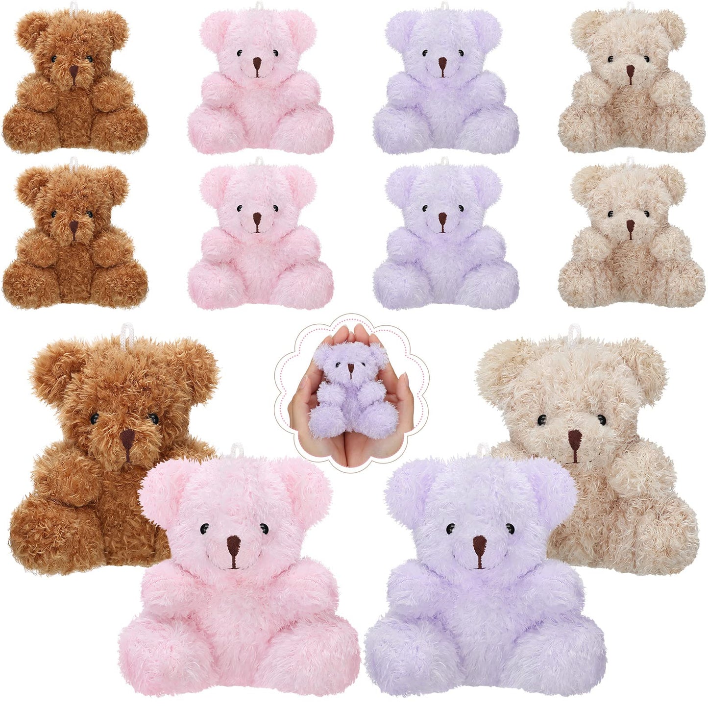 Sotiff 12 Pcs Valentine'S Day Mini Bear Plush Stuffed 4 Inch Small Fuzzy Bear Bulk Animal Doll Keychains For Baby Shower Birthday Party Favor Classroom Exchange Gifts(Brown, Apricot, Purple, Pink)