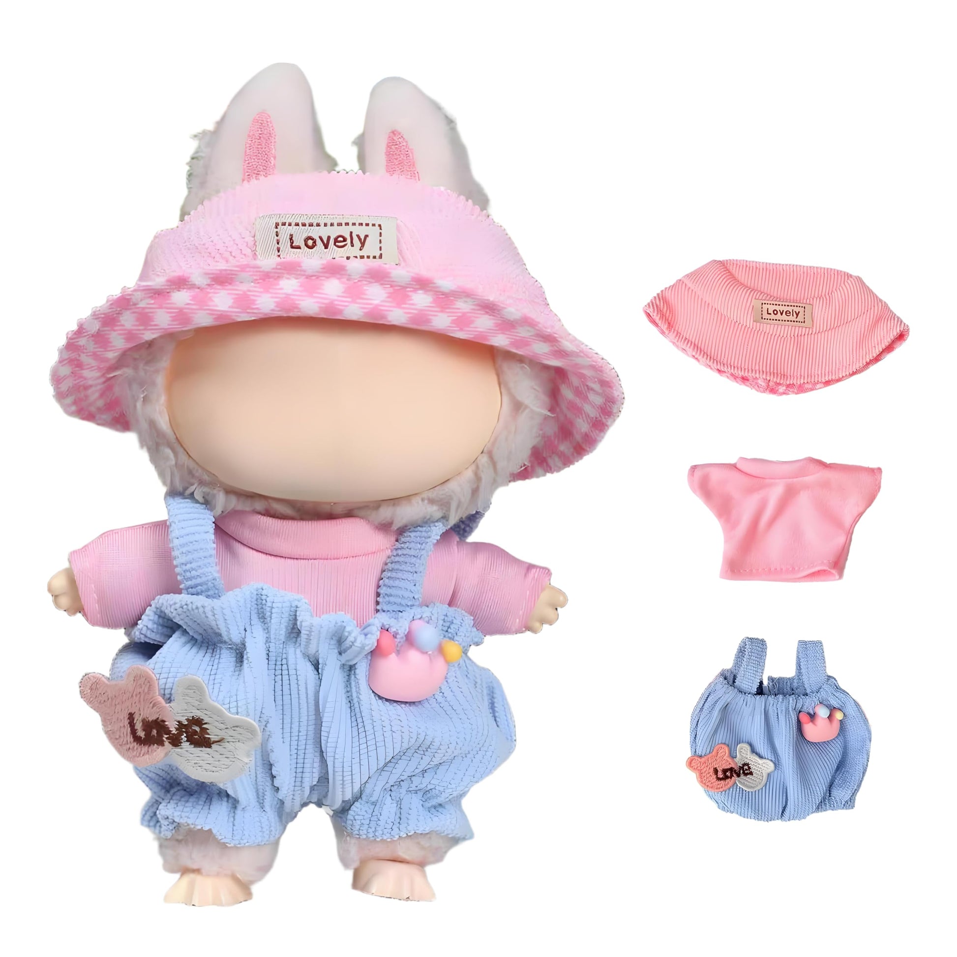 Satakara Doll Clothes Set For 17Cm Dolls (6.7 Inch) - Blue Overalls With Pink Top And Cap, Kawaii Party Clothing Accessories(Stk