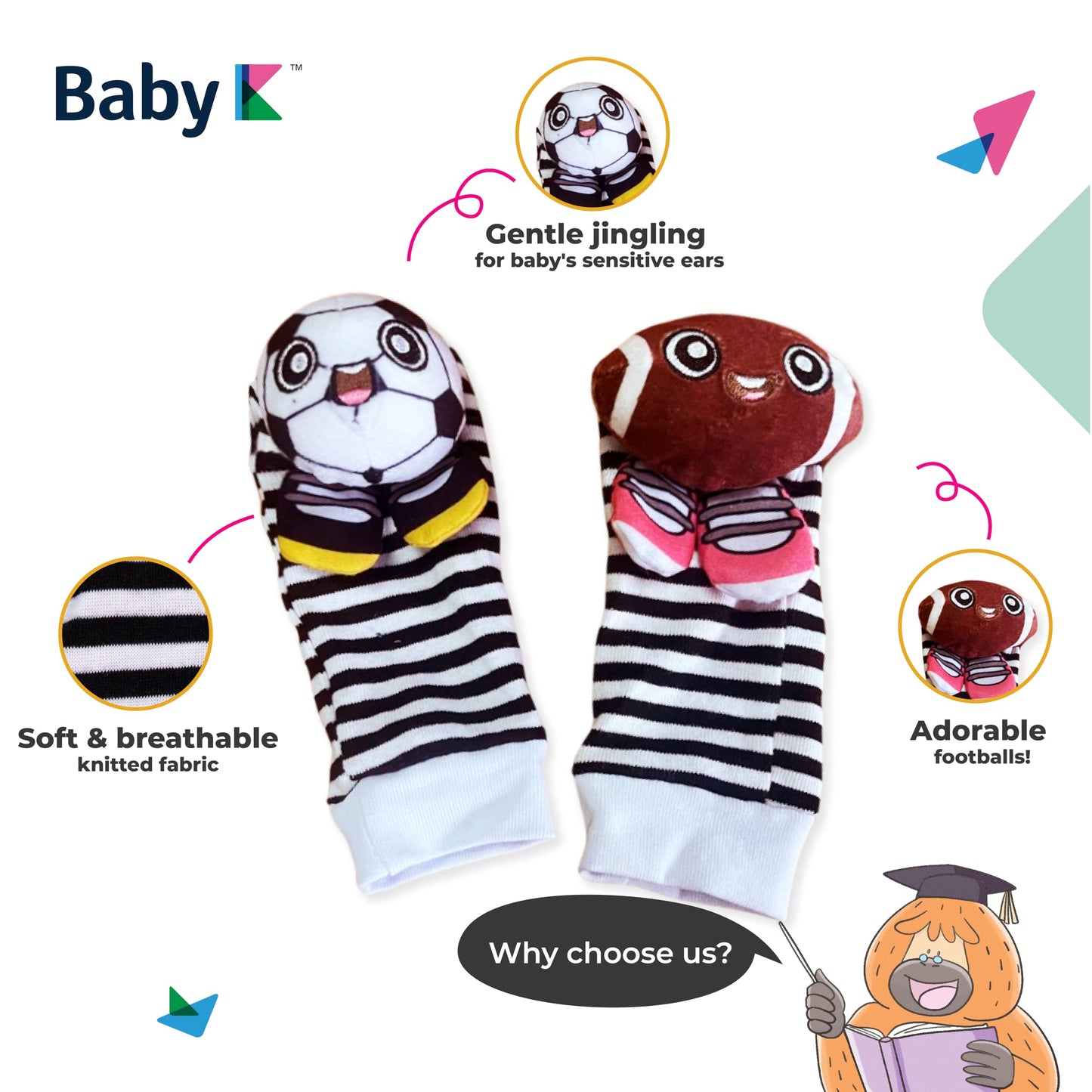 Baby K Baby Rattle Socks & Wrist Toys (Set K) - Newborn Toys For Baby Boy Or Girl - Brain Development Infant Toys - Hand And Foot Rattles Suitable For 0-3, 3-6, 6-12 Months Babies