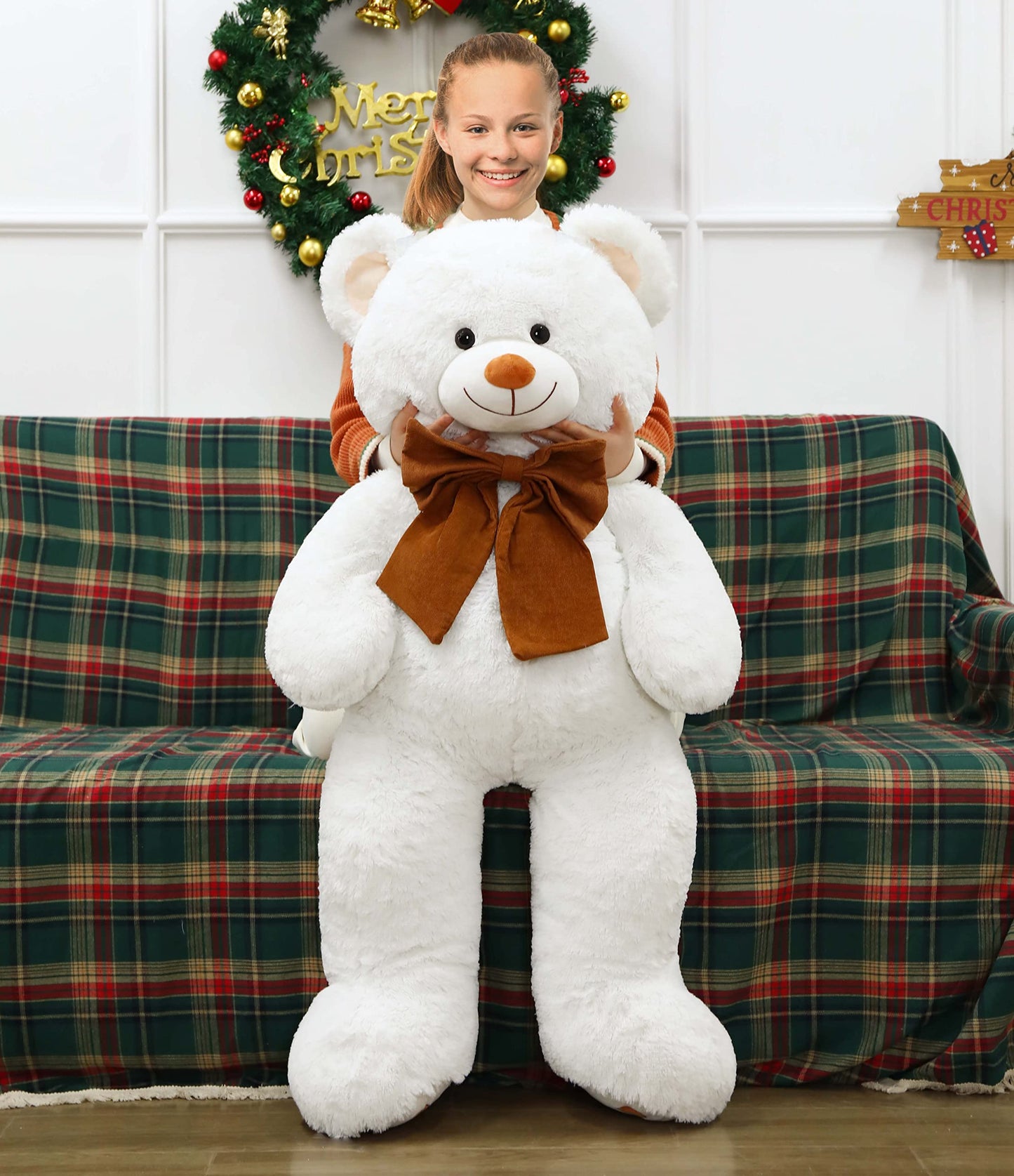 Morismos Giant Big Teddy Bear 4 Feet 47 Inch Life Size White Plush Bear With Big Bow And Footprints, Soft And Cute Teddy Bear To