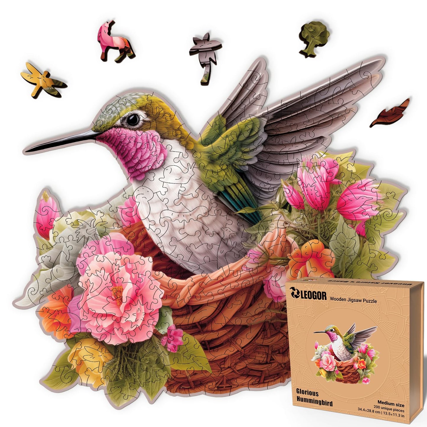 Glorious Hummingbird - 200 Piece Wooden Puzzles for mature-themeds - 13.5 x 11.3 in - Extra-Thick 5 mm Wood Puzzle  Hand-Drawn Pieces  Bird-Shaped XL Mosaic Design - enhanced Gift for Puzzle Lovers by LEOGOR