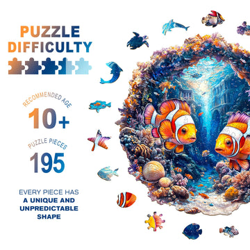 Wooden Puzzles for mature-themeds - Challenging Clownfish Journey mature-themed Puzzle  Unique Animal Shaped Wooden Jigsaw Puzzles for mature-themeds  Creative Gifts Family Games 11.4 * 11.2in 195pcs