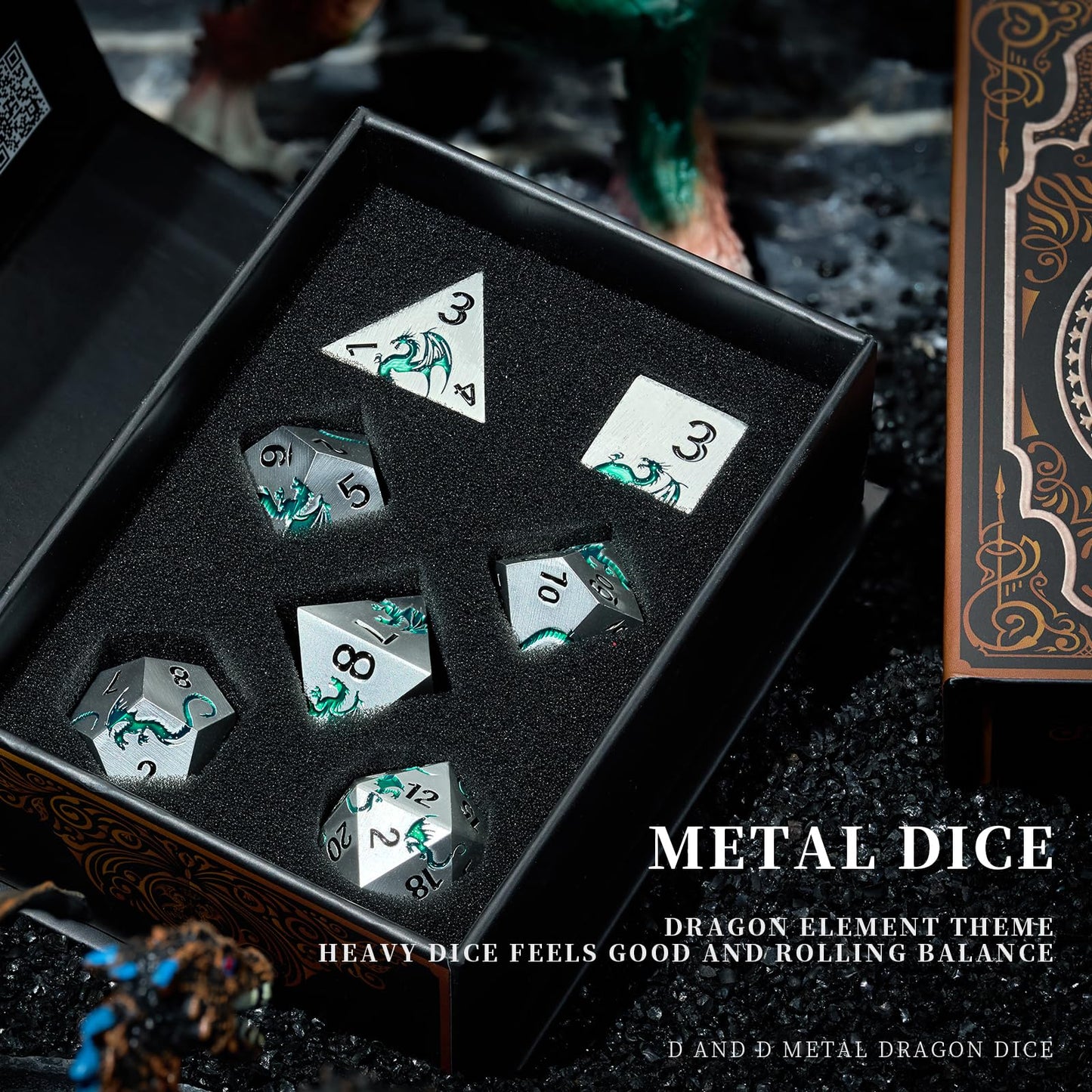 HNCCESG Metal DND Dice Set,Blue Dragon Heavy Metal Dice Set D&D,Dungeons and Dragon TTRPG Role Playing Table Games(Sliver Green