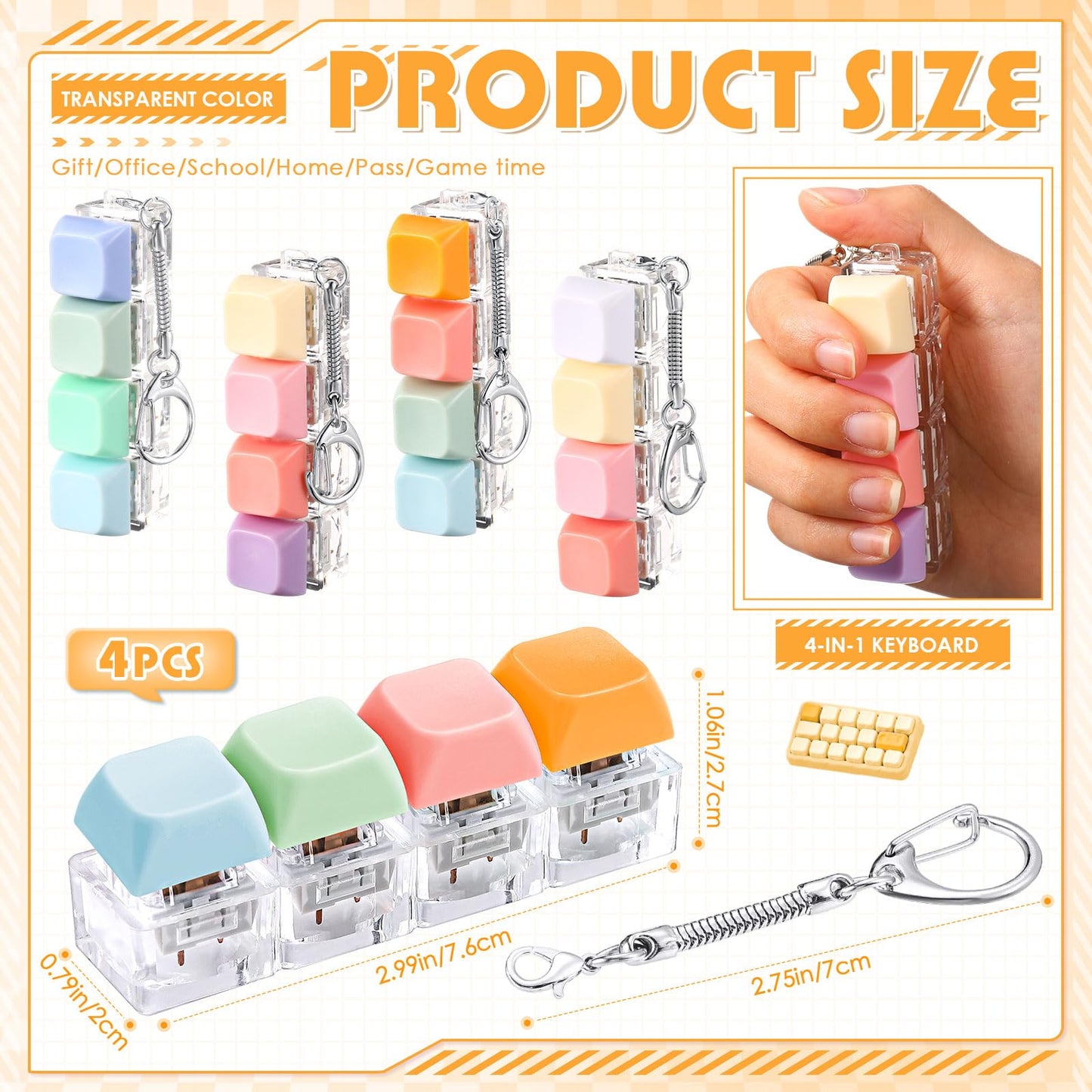 Halloscume 4 Pcs Keyboard mature-themed Fidget Toy Clicker Toy 4-in-1 Keyboard Fidget Keychain Cube Mechanical Key Button Clicker Stress Relief Gift for Office School Home to Pass the Time (Watercolor Colors)