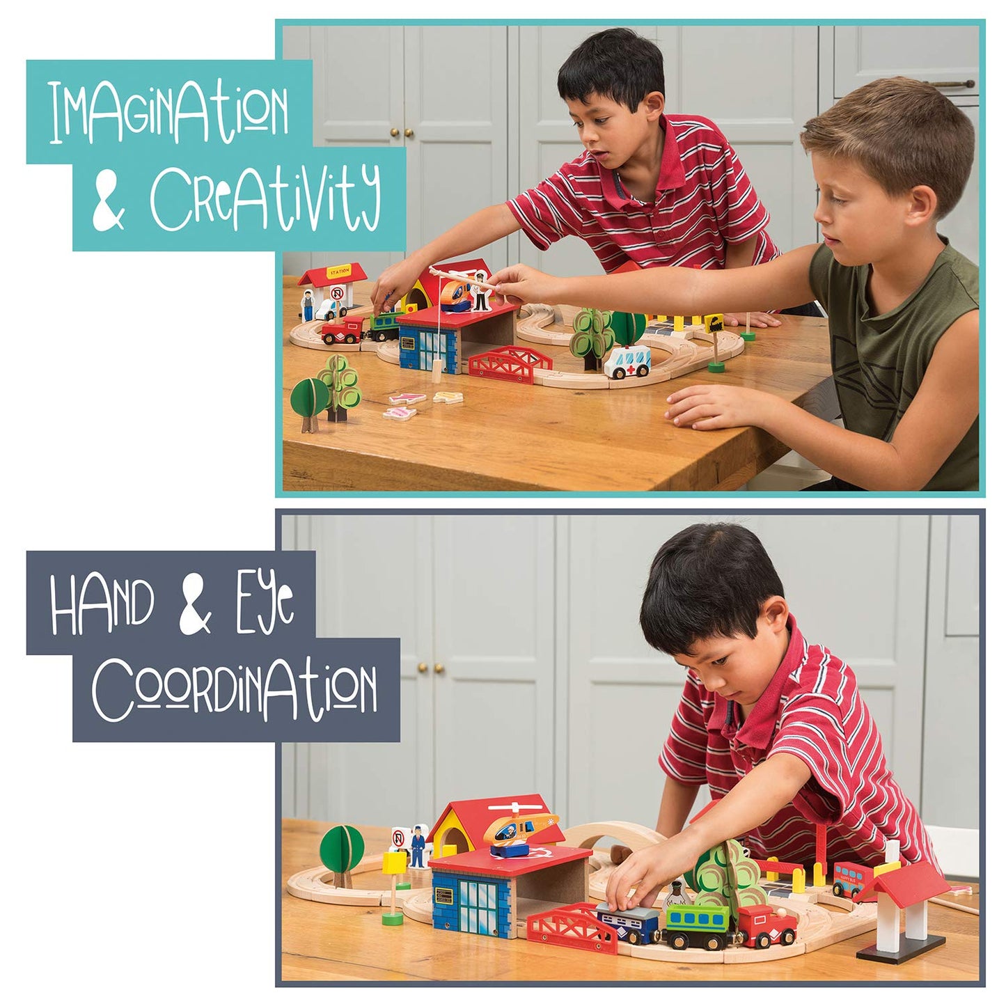 Kipipol Wooden Train Set - 69 Pcs Track & Trains for Kids Age 3+ - Premium Wood Construction - Compatible with Thomas, Brio, IKEA