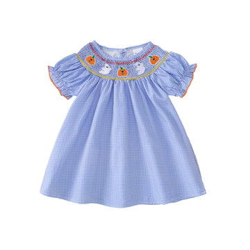 Toddler Girl Back To School Clothes Embroidery Smocked Dress Doll Collar Sundress First Day Of Pre Kindergarten Outfit (Ghost Pu