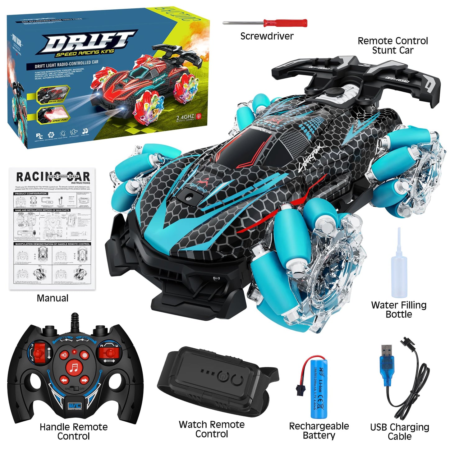 Rc Stunt Car, Gesture Sensing Rc Cars For Boys Girls, 2.4Ghz 4Wd Remote Control Car With 360 Rotating, Lights, Music, Spray, Toy