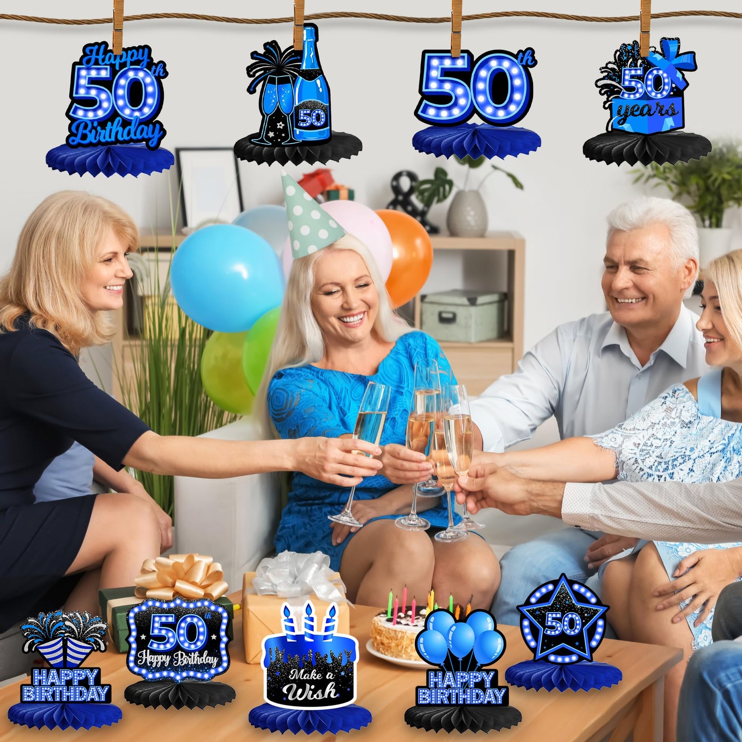 Happy 50th Birthday Honeycomb Centerpieces 9Pcs Stylish Sophisticated Blue Neon Theme Table Decor for Boys Girls Birthday Party