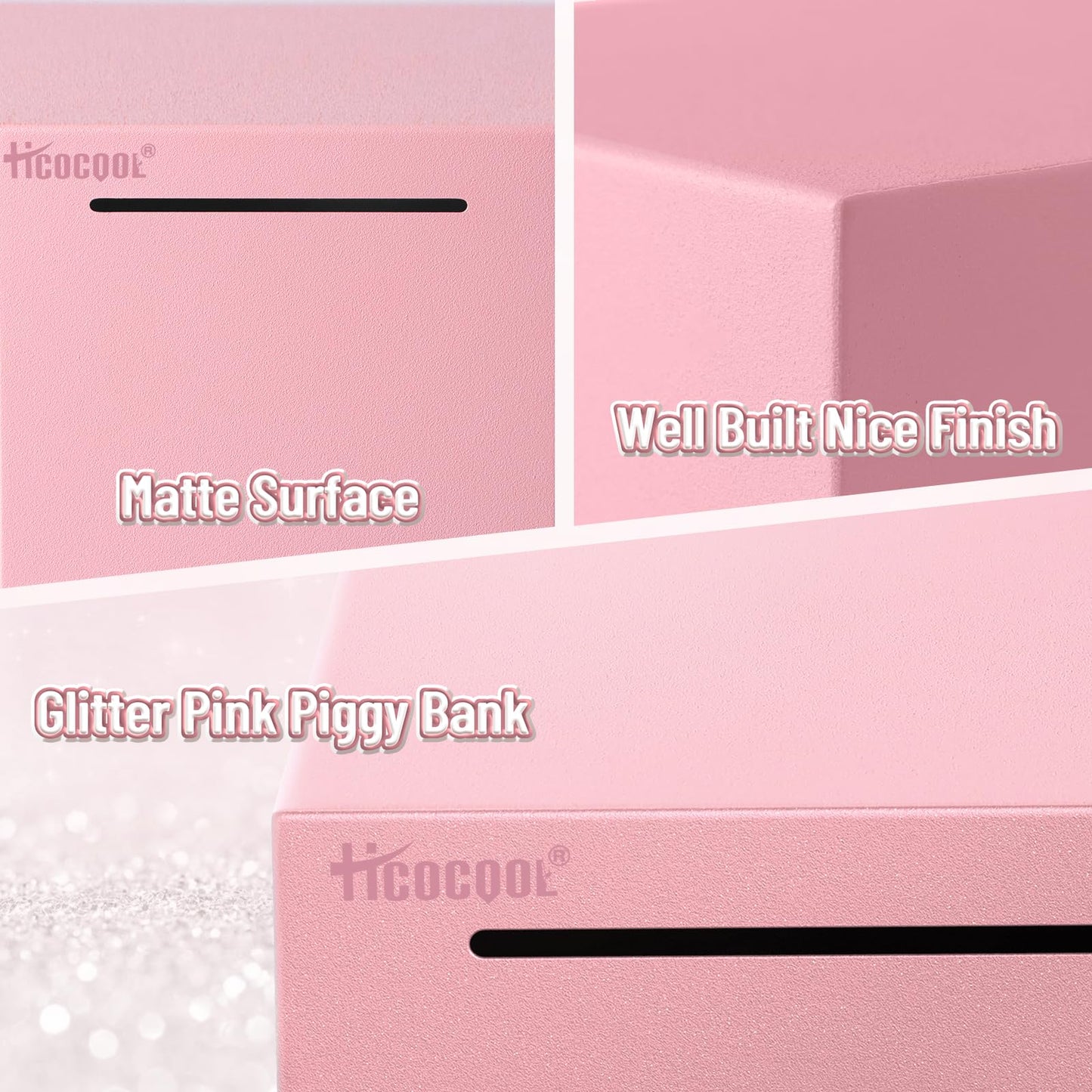 Hicocool Piggy Bank For Adults Must Break To Open, Stainless Steel Money Saving Box (Pink, Palm Size)