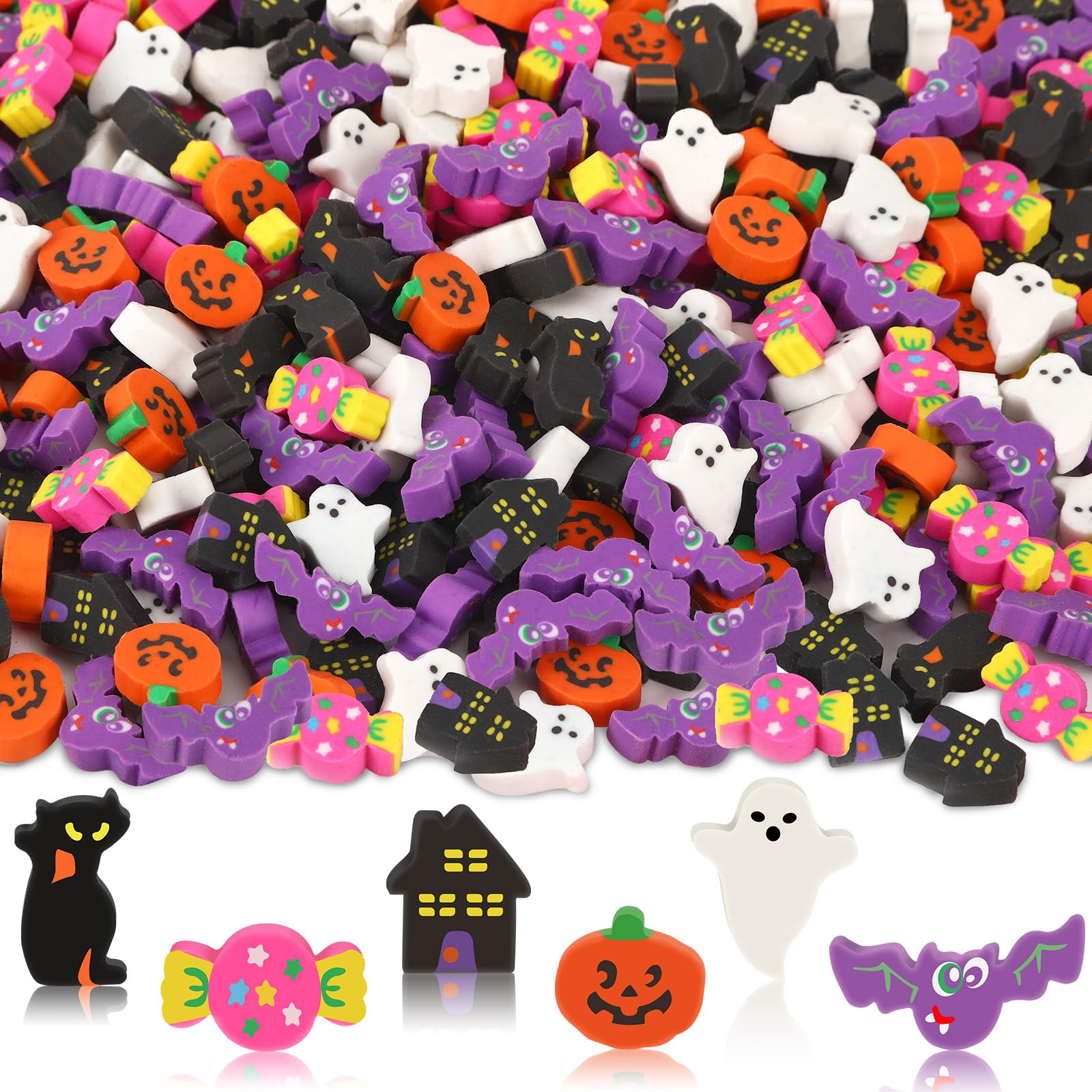 JUNEBRUSHS 300 Pcs Halloween Mini Erasers, Cute Small Bat Pumpkin Erasers Bulk for Kids Trick or Treat Halloween Party Favors, S