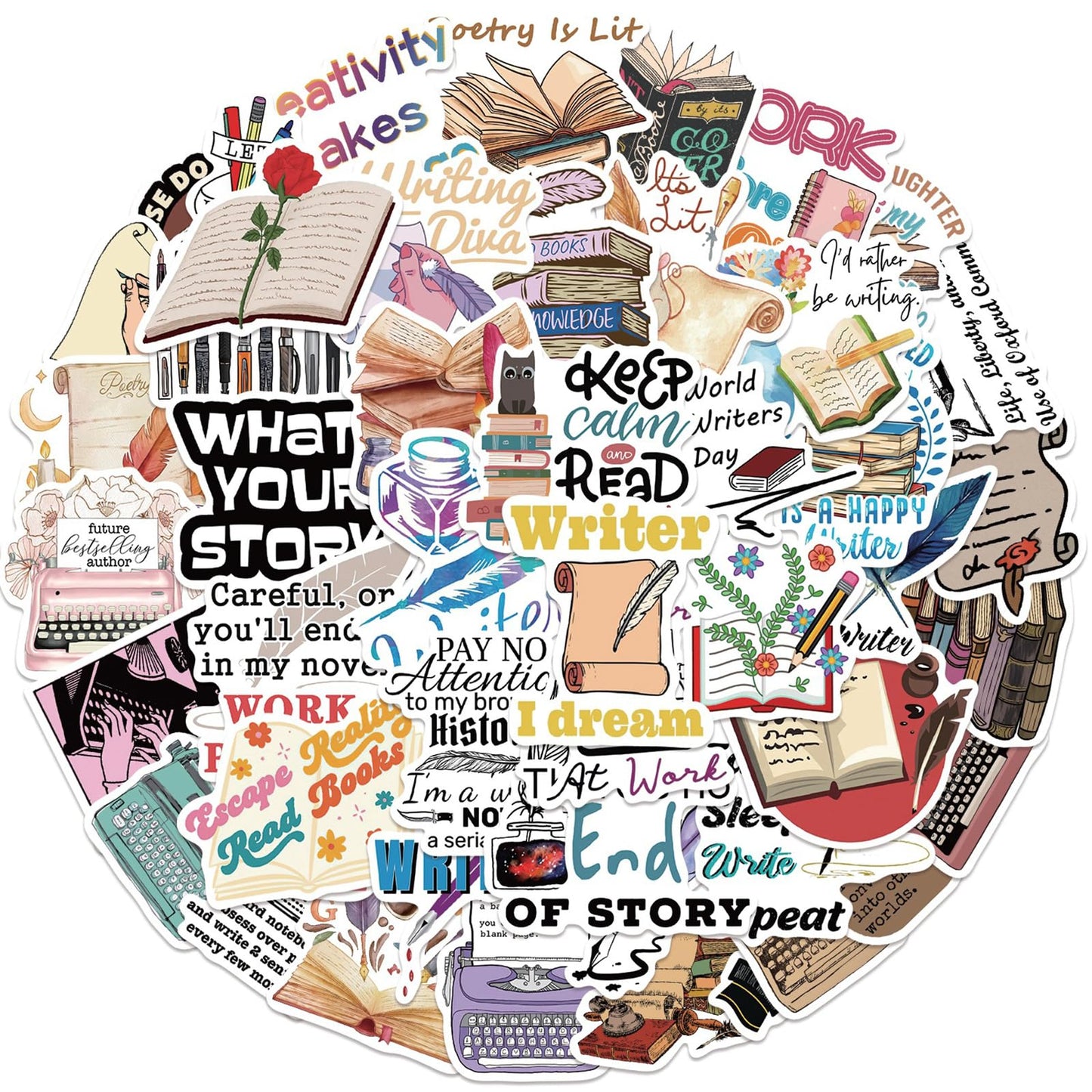 Writer Stickers,50 Pcs Love Reading Aesthetic Waterproof Stickers,Vinyl Stickers For Students, Bookish Gifts Stickers For Bookis
