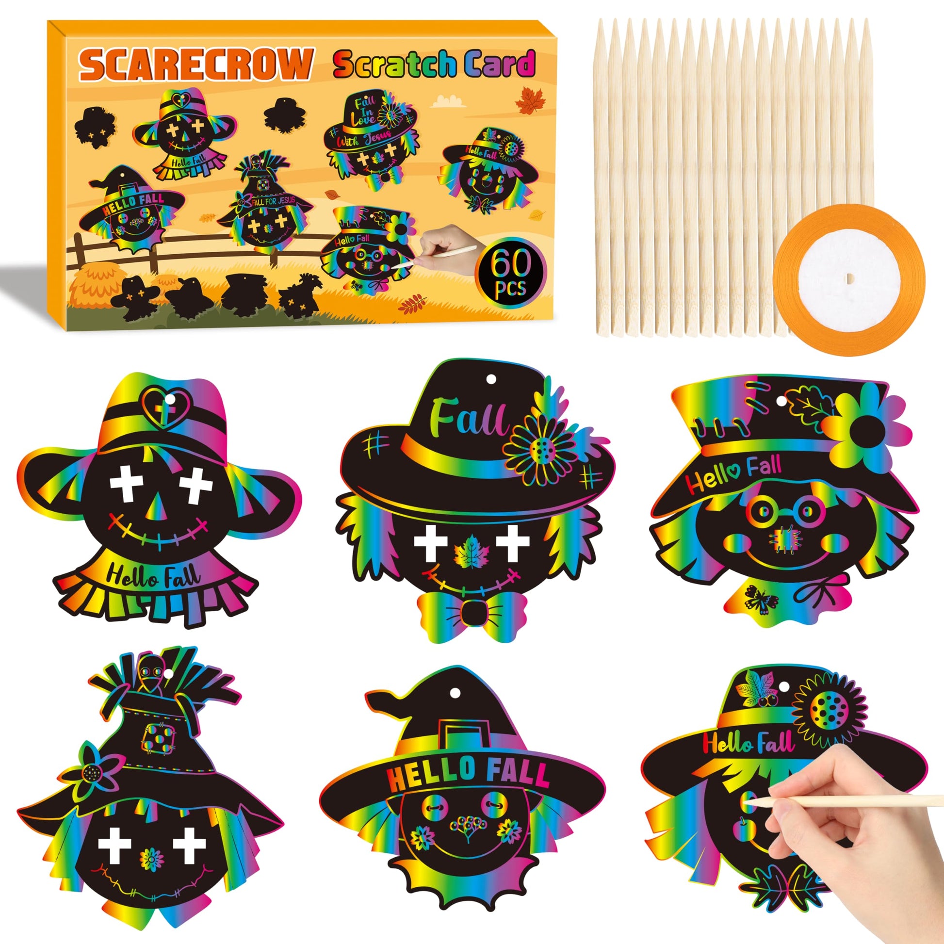 WATINC Fall Scarecrow Scratch Cards - 60pcs Autumn Scratch Art Crafts Kit for Kid, DIY Magic Animal Hanging Paper, Harvest Thank