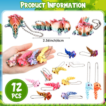 Honoson 12 Pcs 3D Printed Animal Keychains Bulk 3D Printed Small Animal Keychains Flexible Gift Articulating Pet Stress Relief f