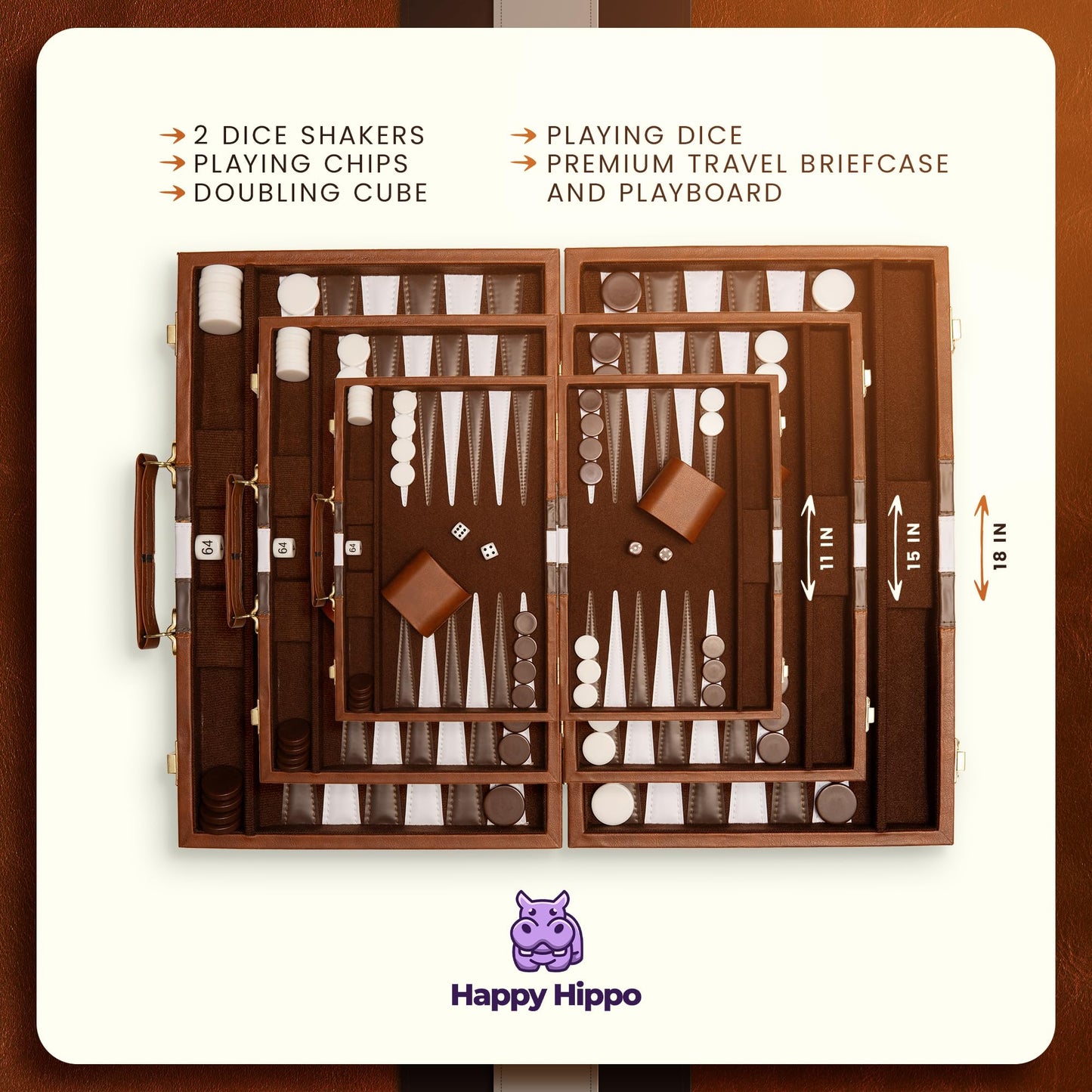 Happy Hippo Deluxe Brown Backgammon Board Game - Leather Case, Felt Interior, Large (18")